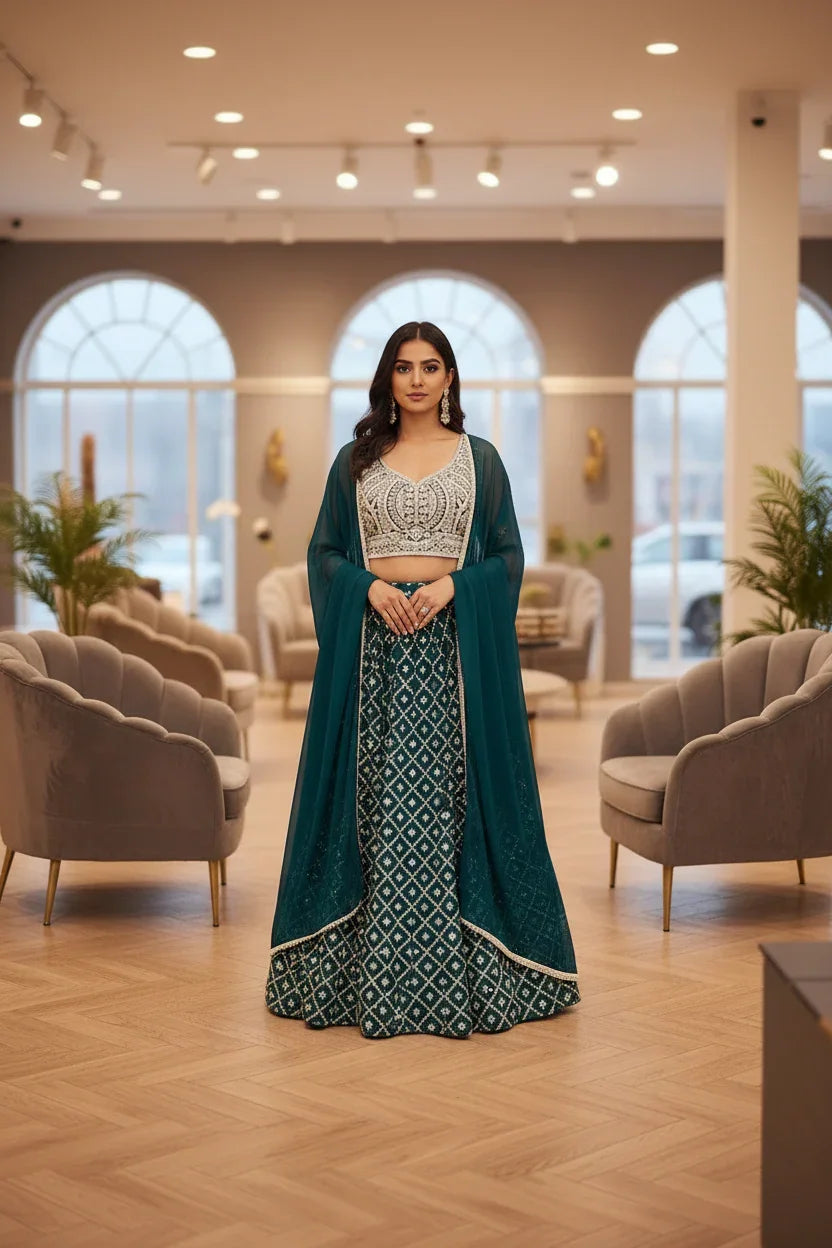 Woman in elegant teal and white Indian ethnic lehenga with intricate patterns standing in stylish boutique