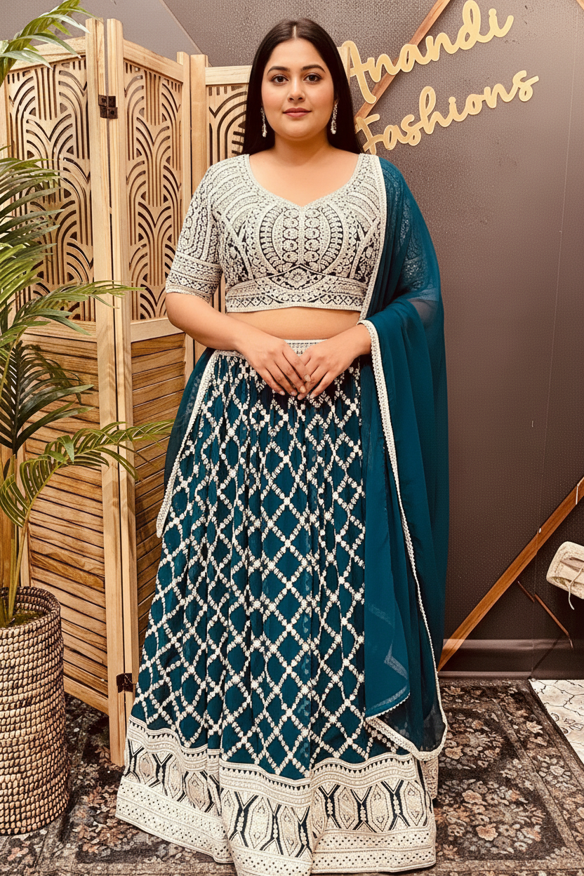 Plus Size Georgette Teal Blue Lehenga Set with Heavy Embroidery - Party & Wedding Wear