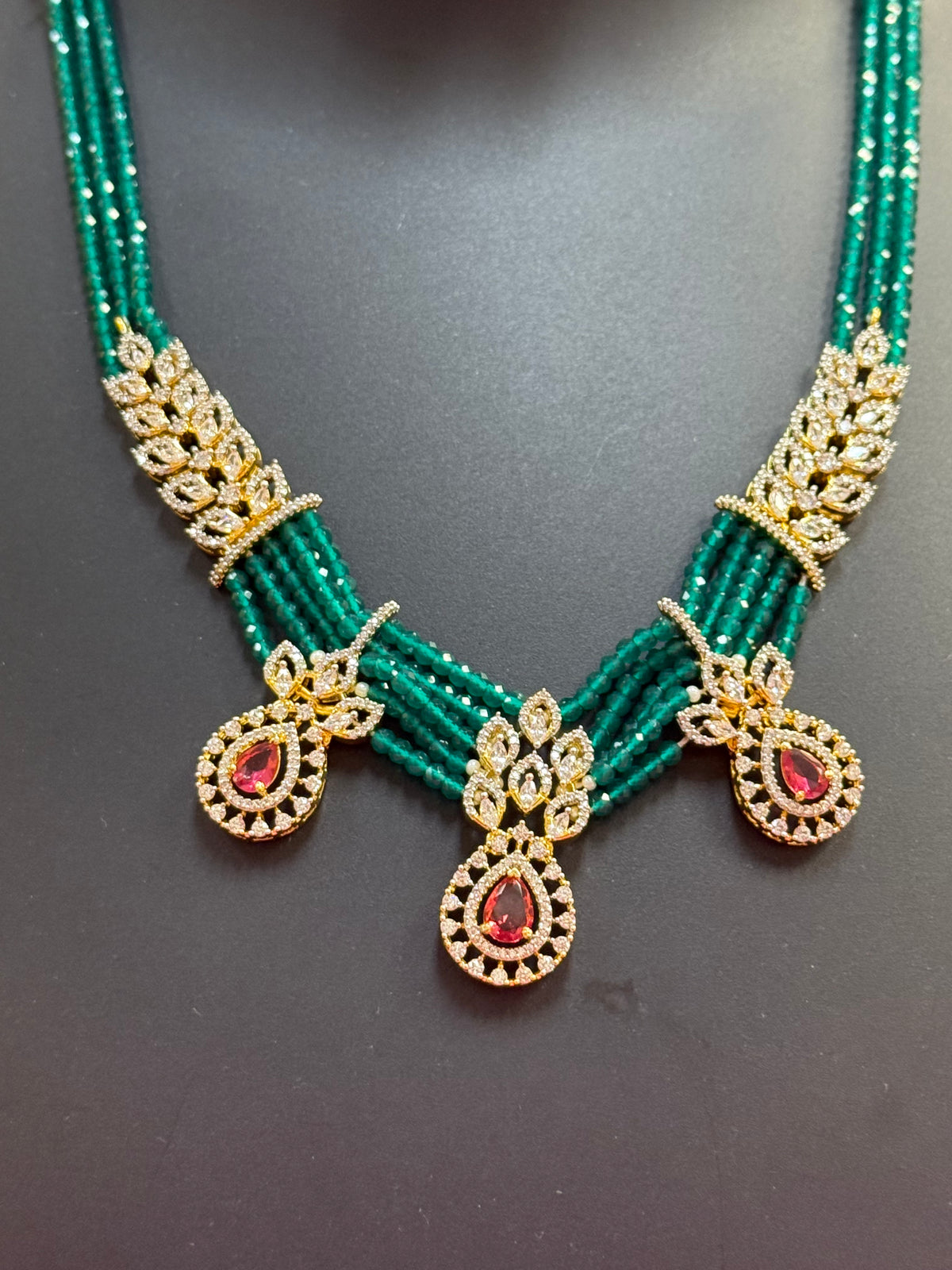 Green - Onyx Beads Party Wear Necklace set with CZ Stones