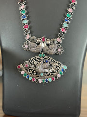 German Silver Long Haram Necklace Set with Multicolor Stones