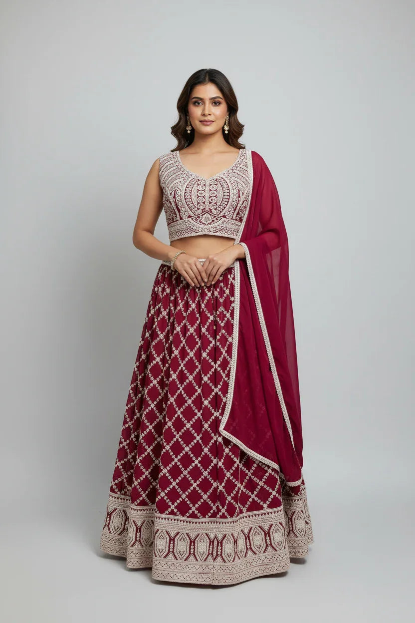 Woman wearing maroon and beige embroidered Indian lehenga with sleeveless blouse and matching dupatta