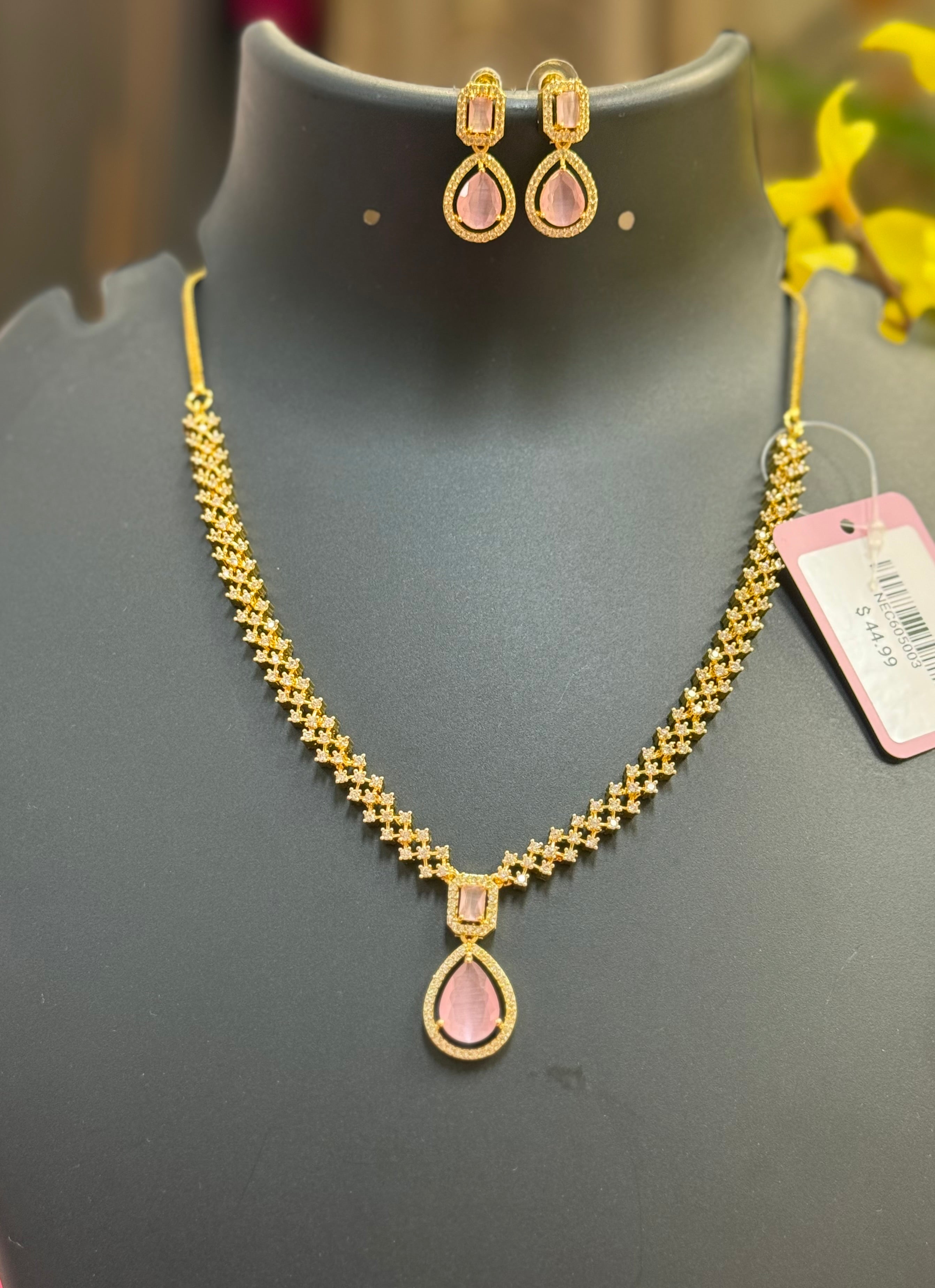 Micro Gold Polish CZ Necklace Set with Baby Pink Stone