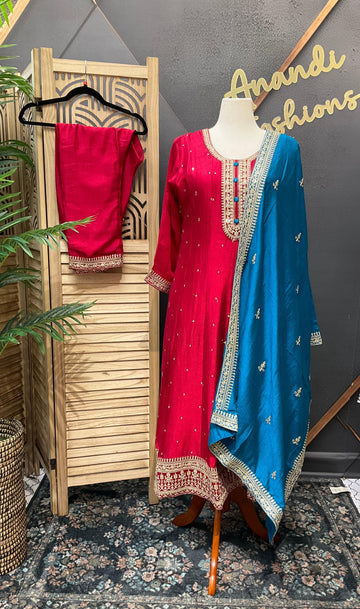 Plus Size Red Anarkali Kurti Set Size 46/48 - Vichitra Silk with Blue Dupatta