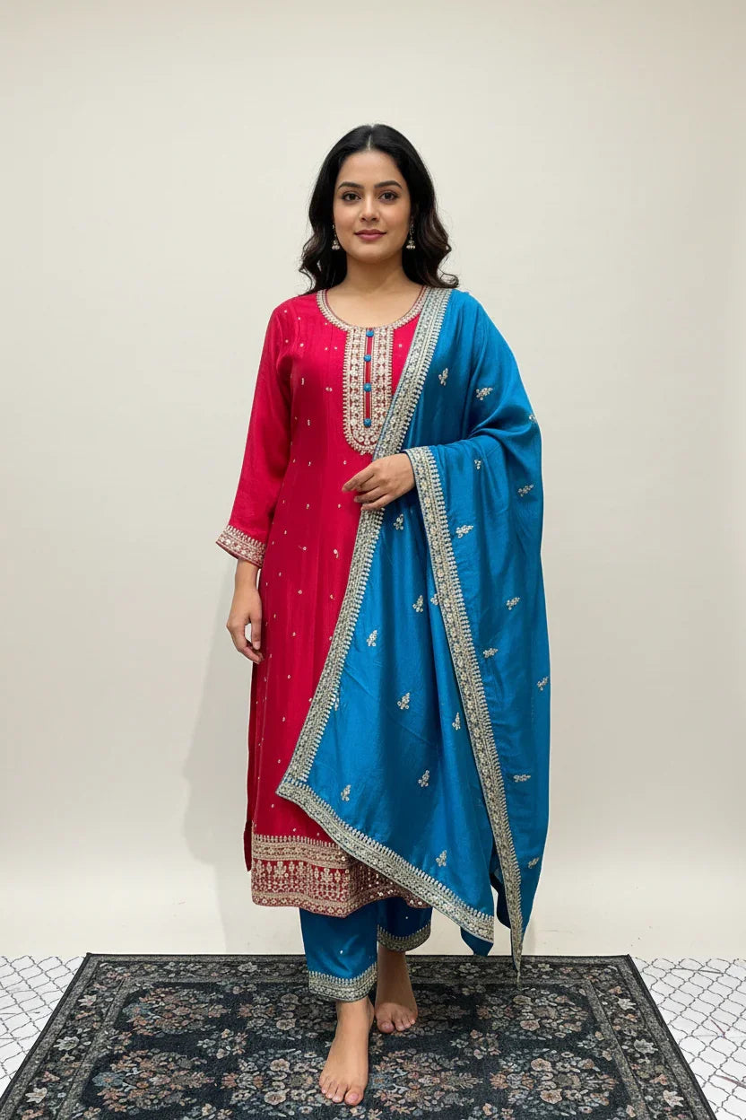 Plus Size Red Anarkali Kurti Set Size 46/48 - Vichitra Silk with Blue Dupatta