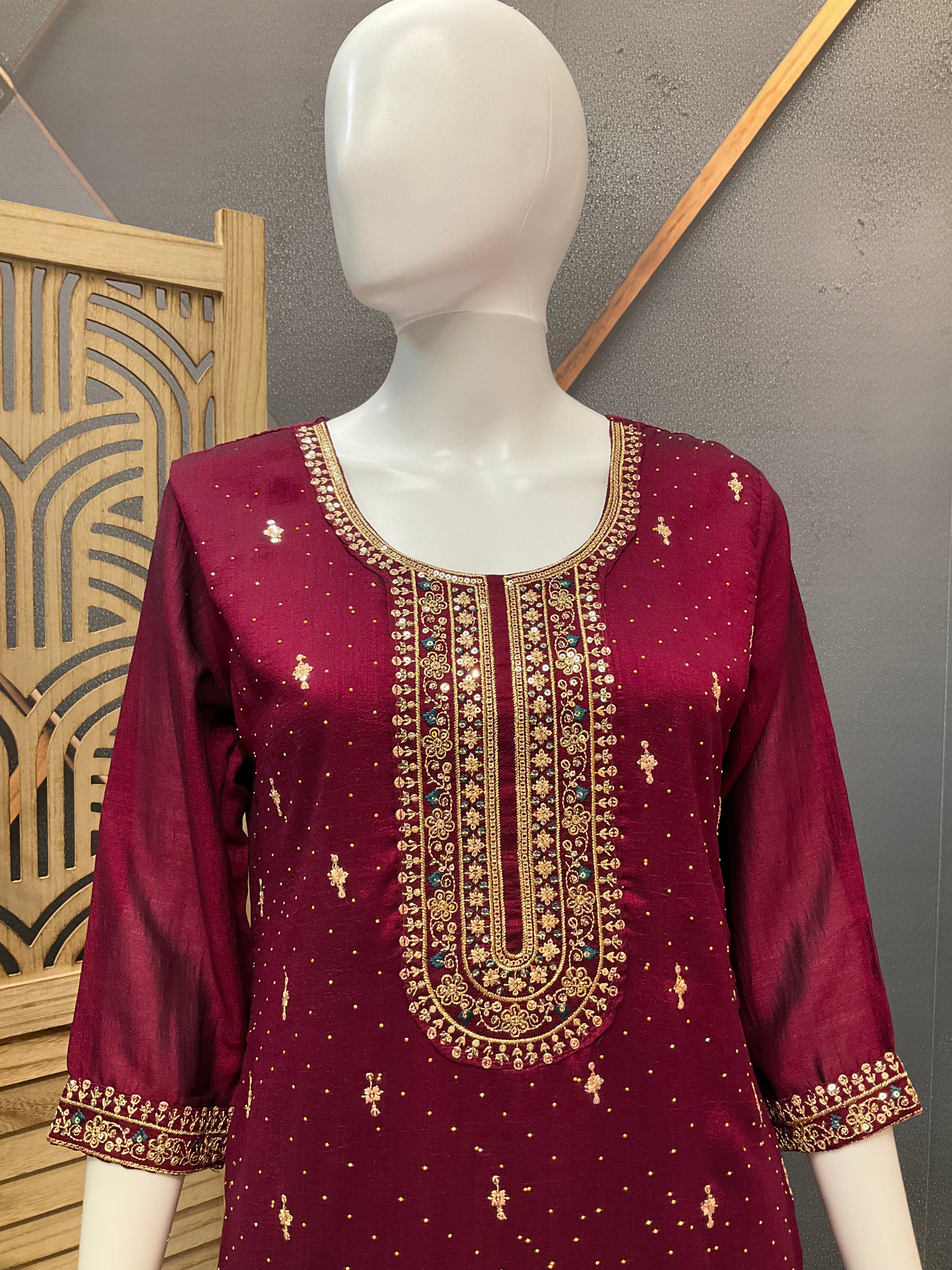 Wine Color- Party Wear Chudidhar/Kurti set