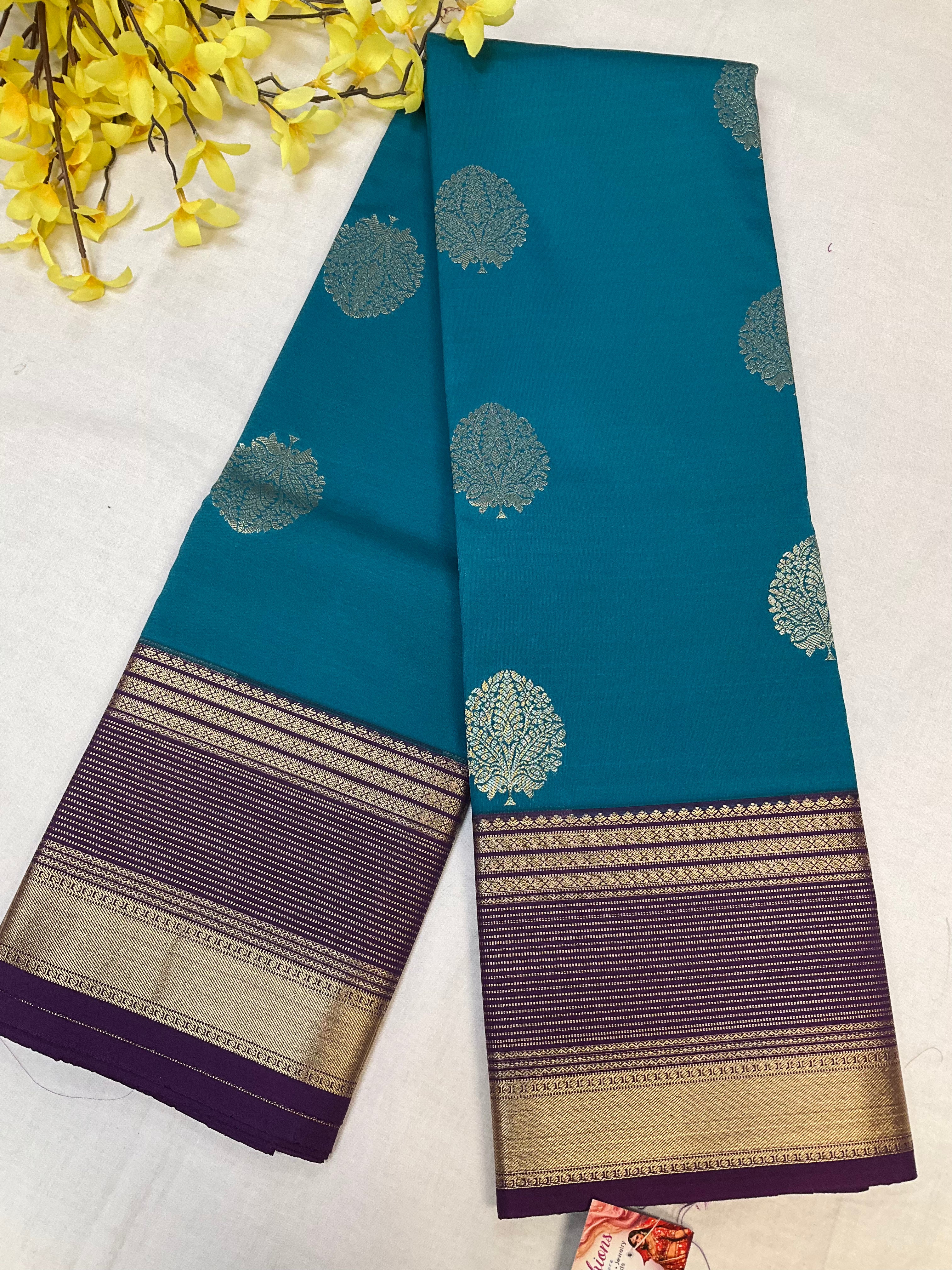 Blue Semi Kanjeevaram Silk Saree with Vintage Border