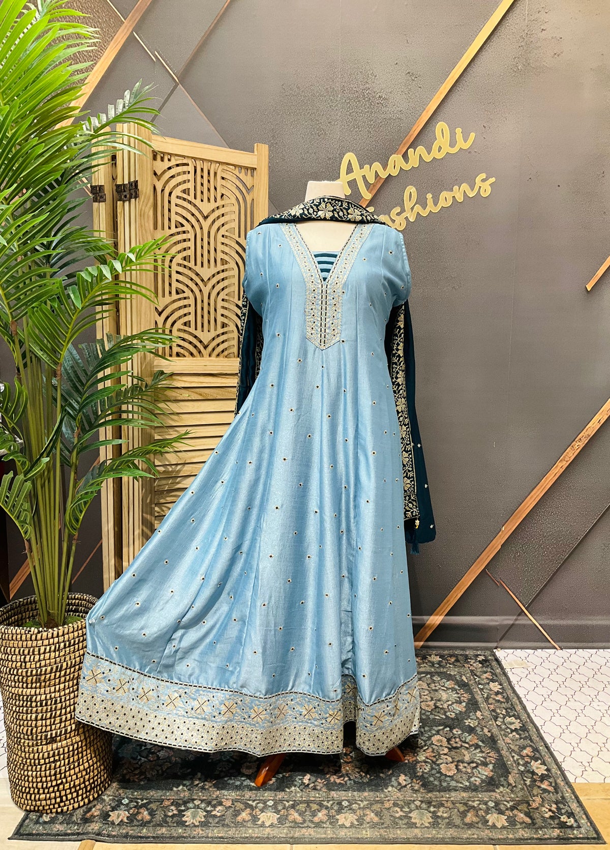 Size 50 - Plus Size Blue Long Anarkali Dress