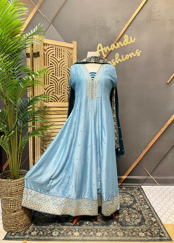 Size 50 - Plus Size Blue Long Anarkali Dress