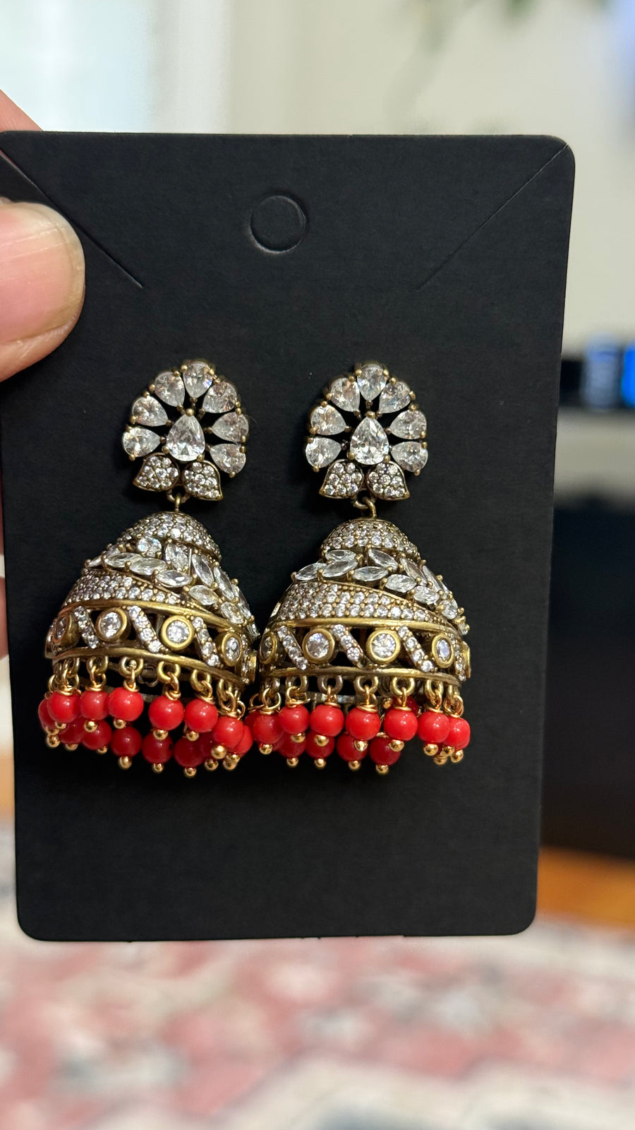 Party Wear CZ Victorian Finish Jhumkas with Coral Beads - Jewelry - Earrings - Anandi Fashions