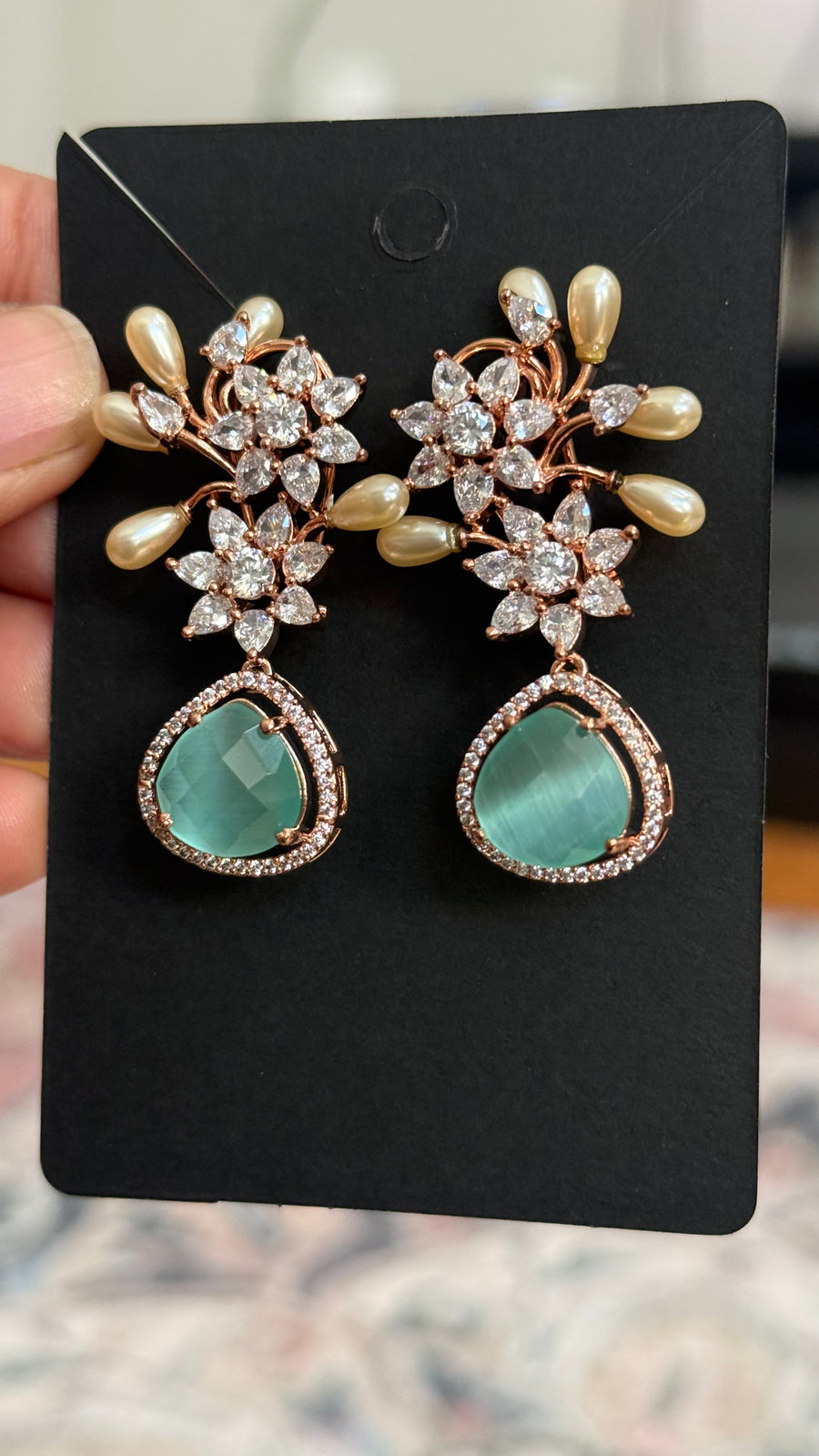 Designer AD Earrings with Mint Green Stone - Jewelry - Earrings - Anandi Fashions