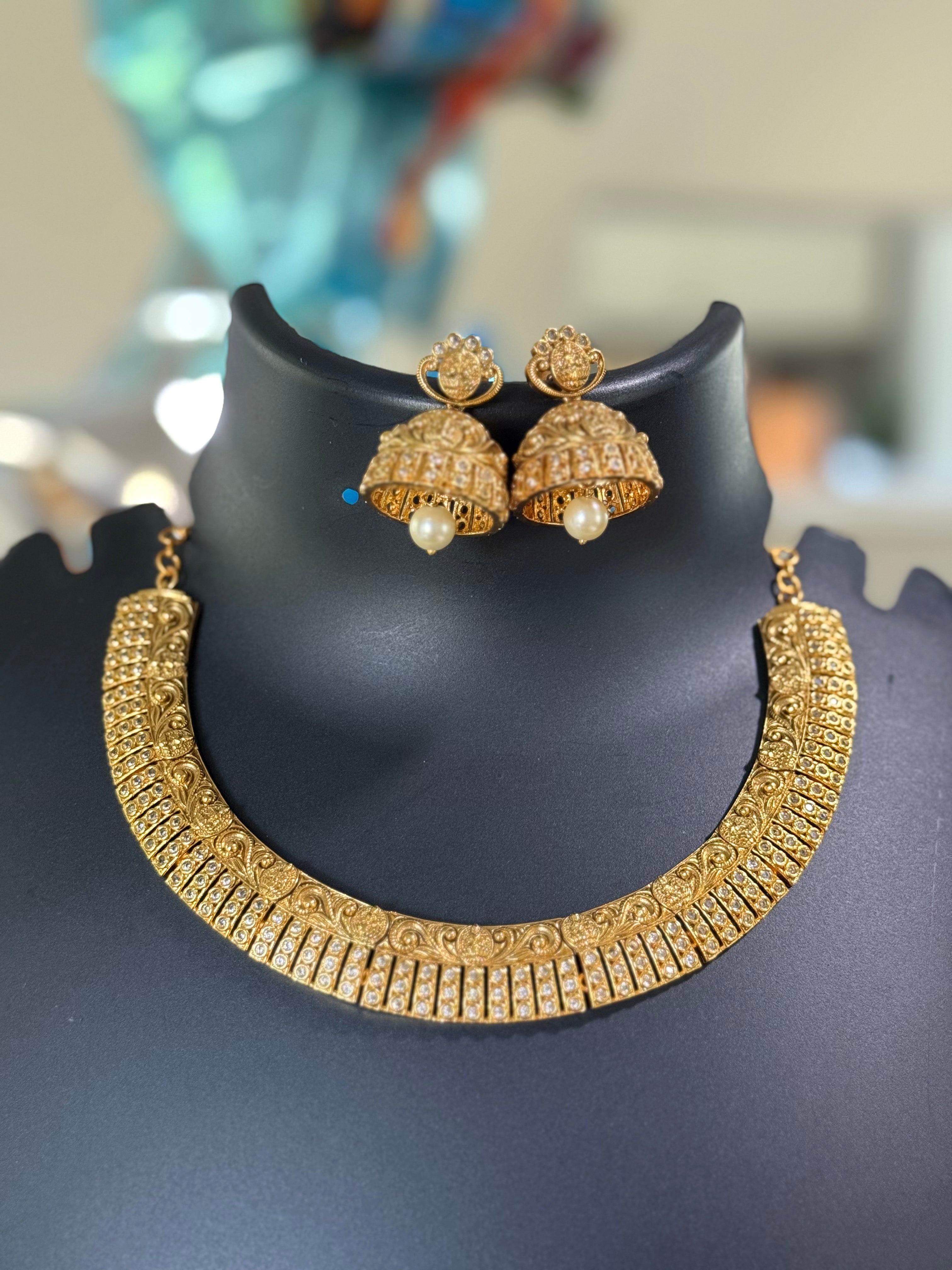 MattFinish Goddess Lakshmi Gold Necklace set with Jhumkas