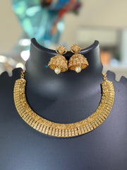 MattFinish Goddess Lakshmi Gold Necklace set with Jhumkas