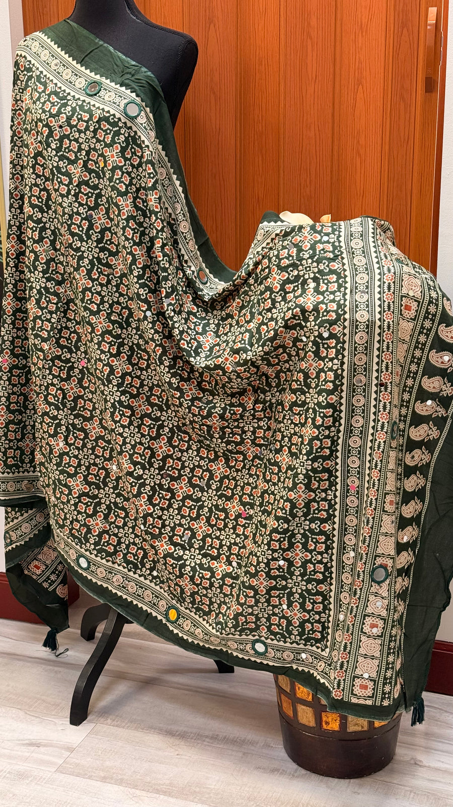 Green Pure Cotton Mirror Dupatta- Orange Print