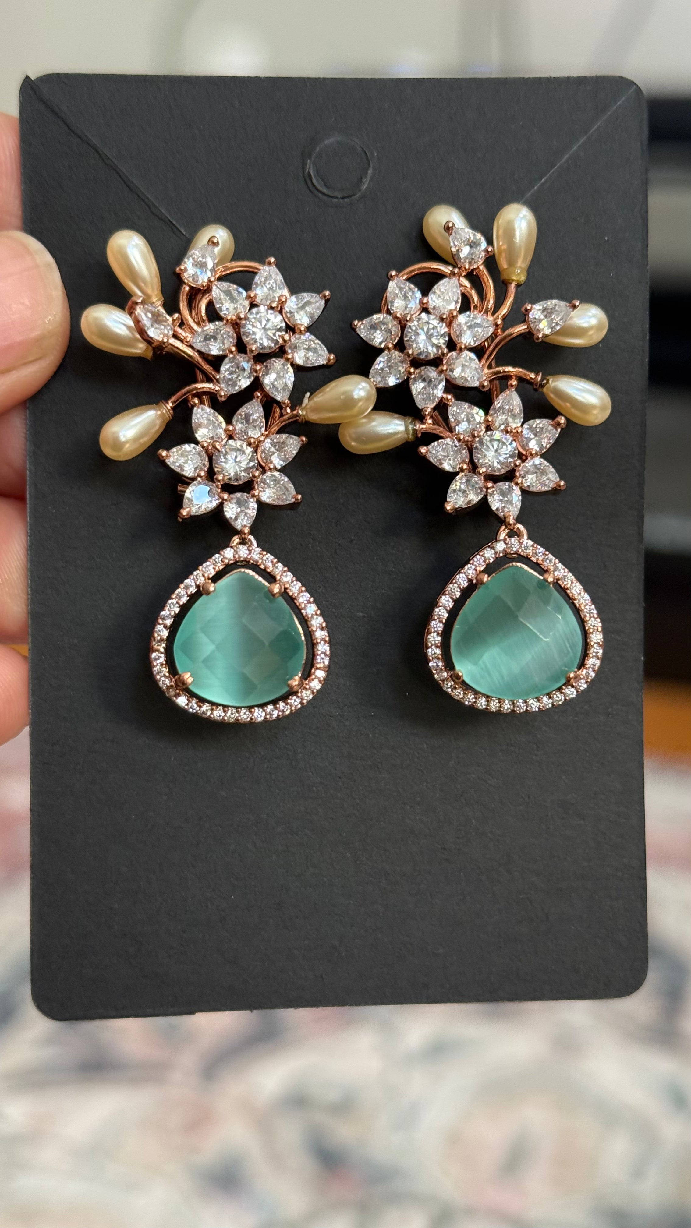 Designer AD Earrings with Mint Green Stone - Jewelry - Earrings - Anandi Fashions