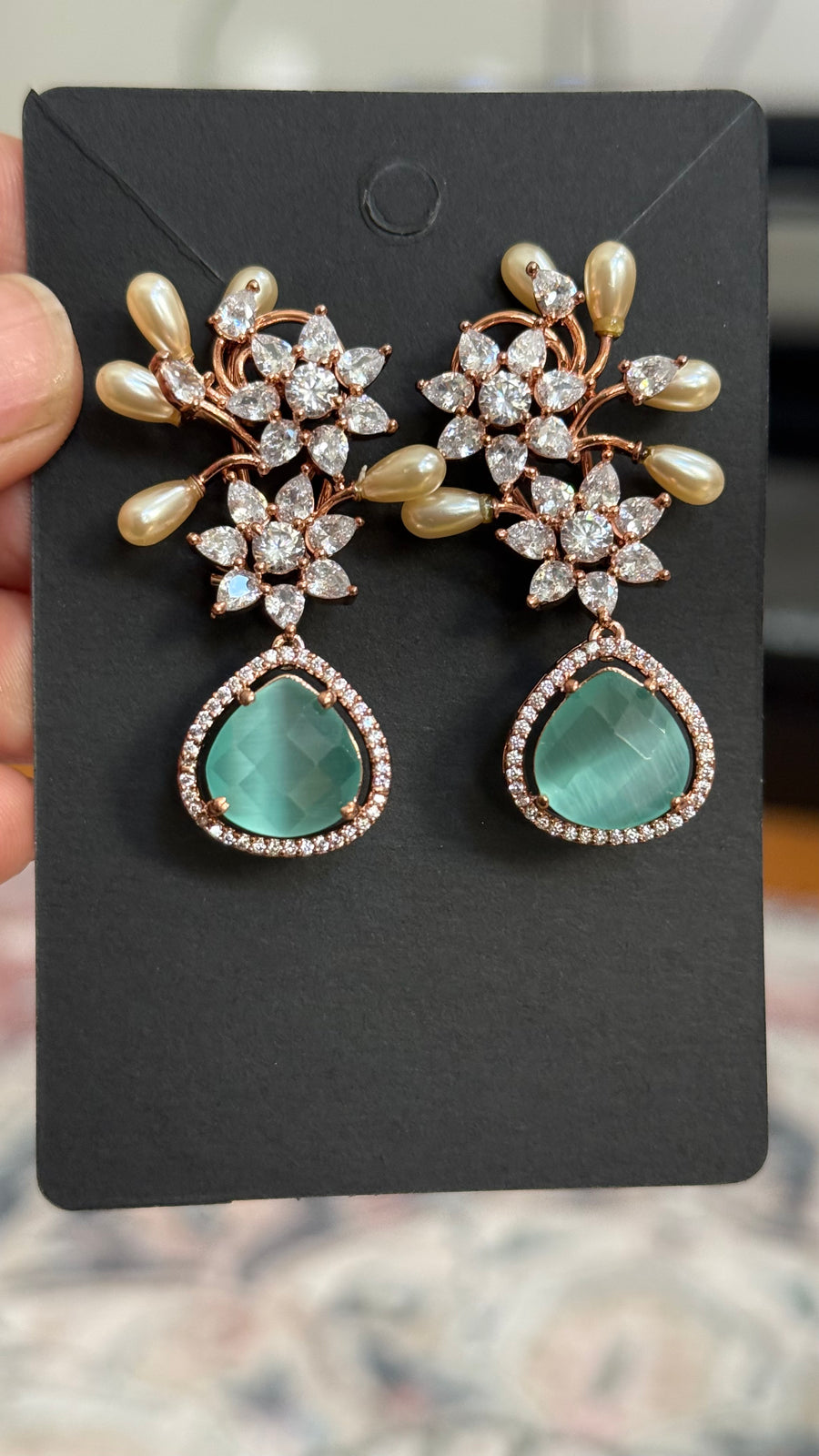 Designer AD Earrings with Mint Green Stone - Jewelry - Earrings - Anandi Fashions