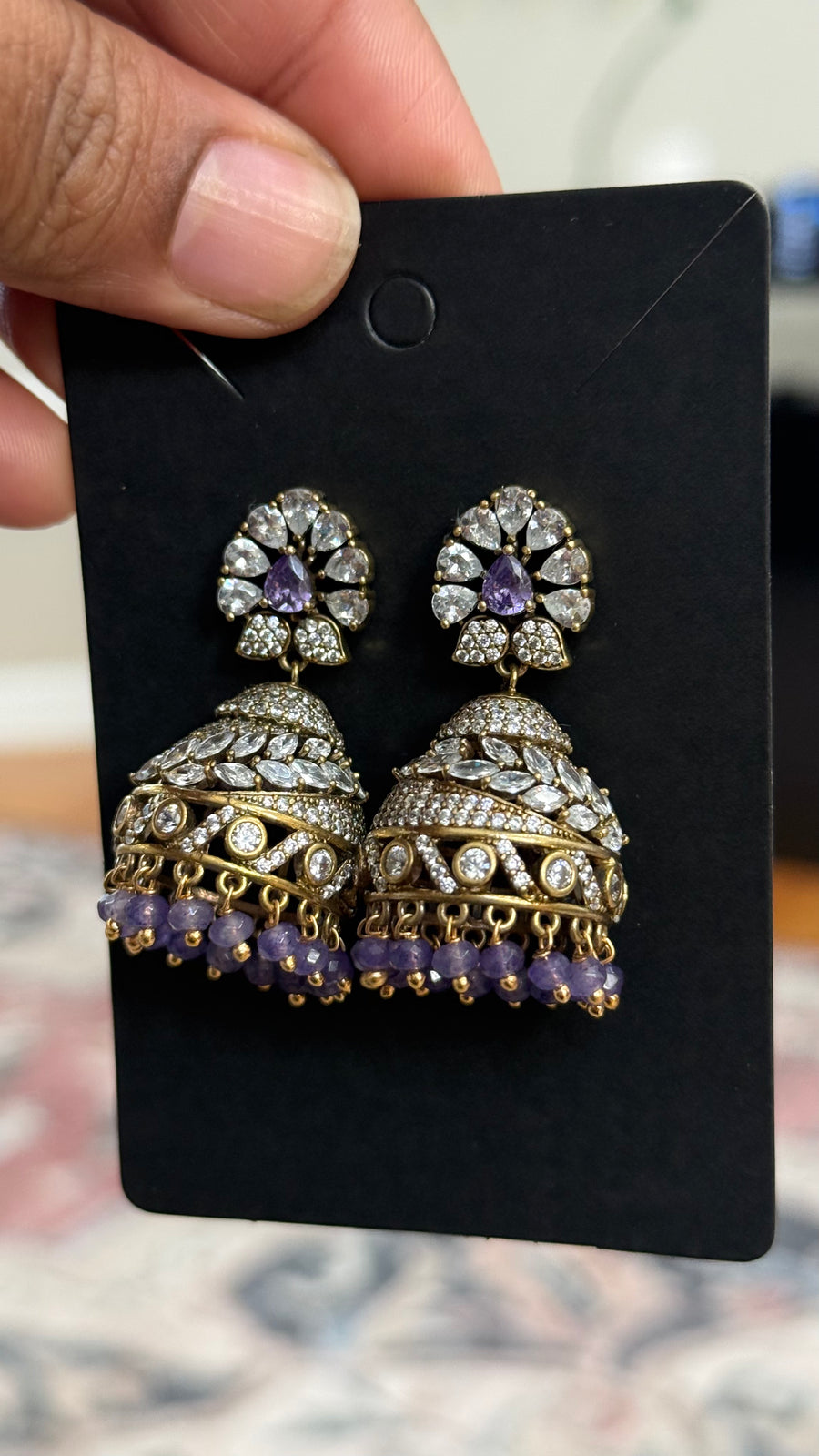 Party Wear CZ Victorian Finish Jhumkas- Purple beads - Jewelry - Earrings - Anandi Fashions
