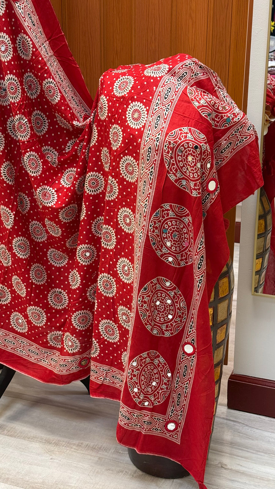 Red Pure Cotton Ajrakh Print Mirror Dupattas