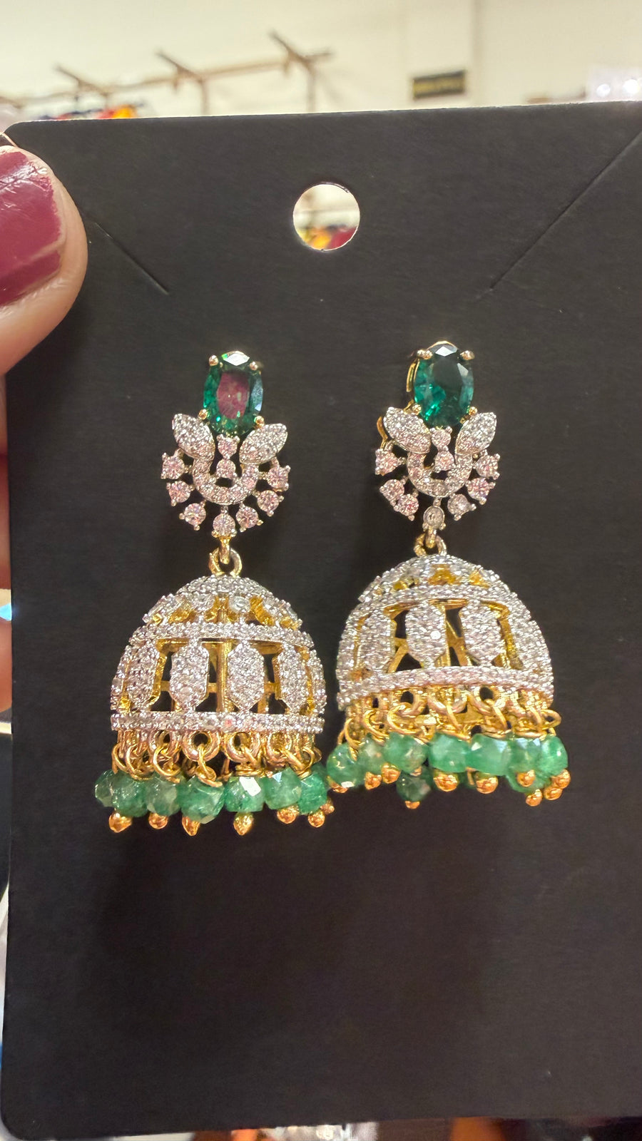 CZ Jhumkas/Earrings - Emerald