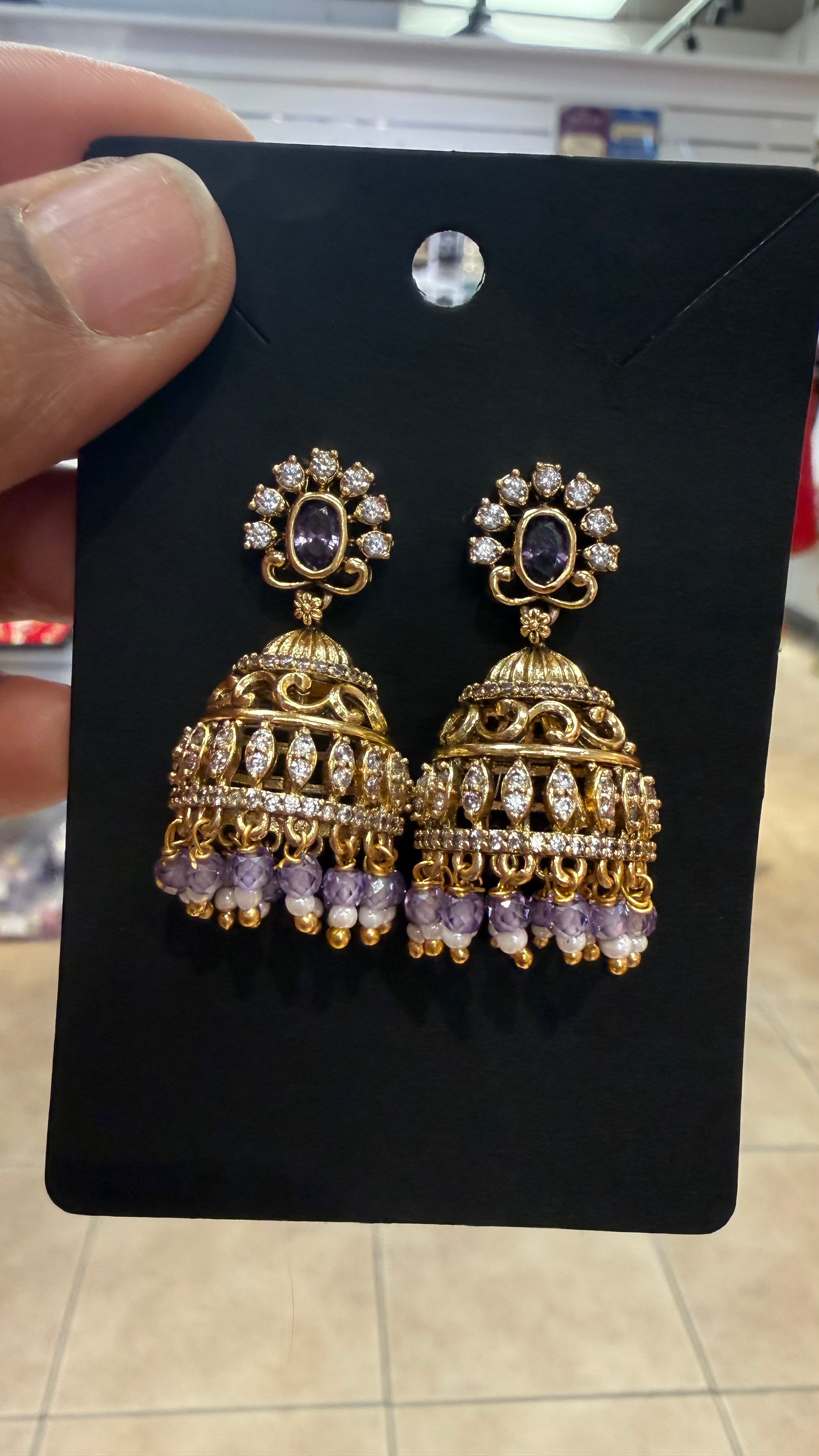 Gold Finish Jhumkas in Purple