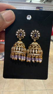 Gold Finish Jhumkas in Purple