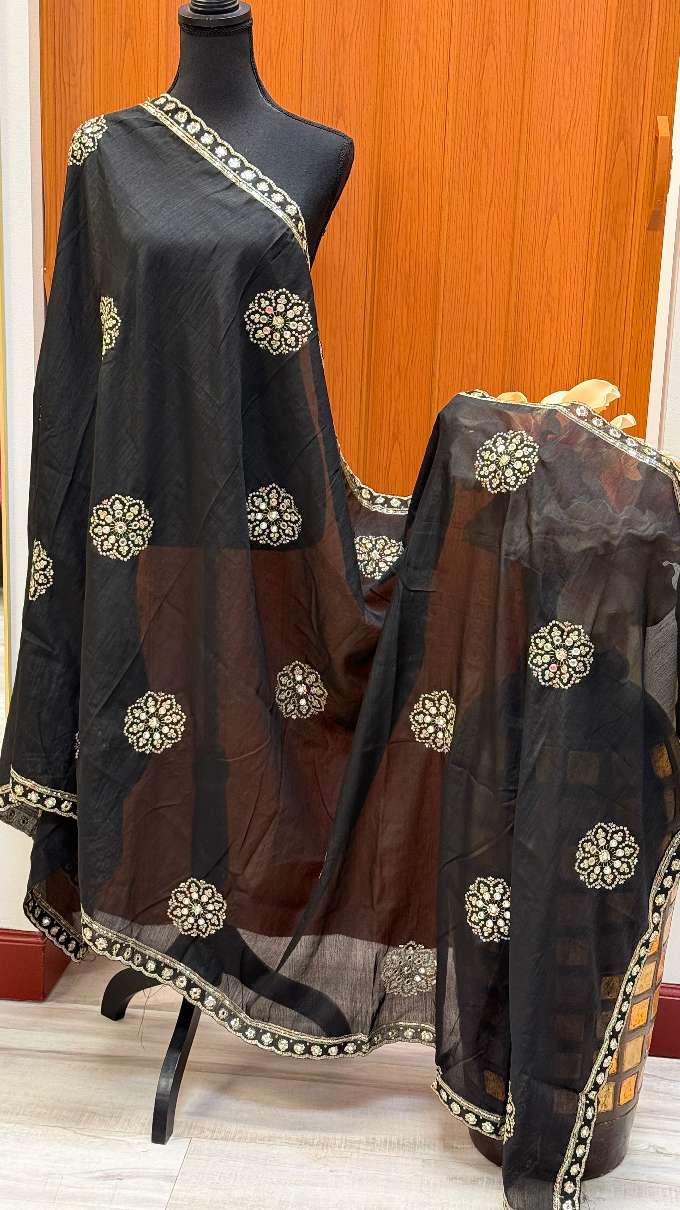 Black Dupatta with Gold Zari work
