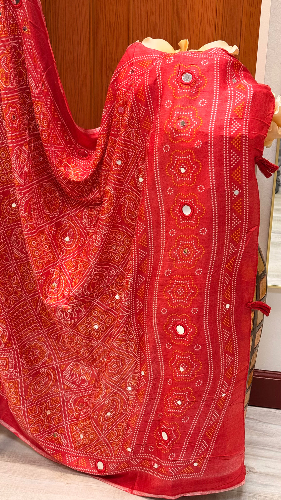 Red Bhandhini Pure Cotton Mirror Dupatta