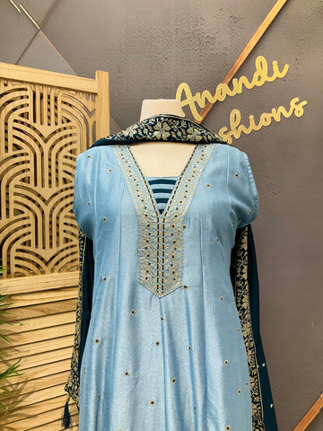 Size 50 - Plus Size Blue Long Anarkali Dress