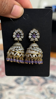 Party Wear CZ Victorian Finish Jhumkas- Purple beads - Jewelry - Earrings - Anandi Fashions