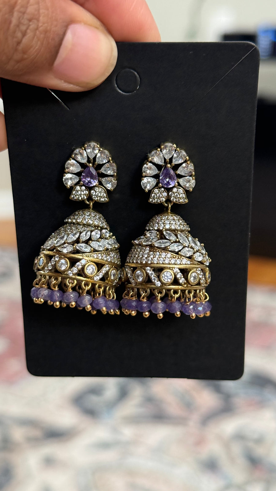 Party Wear CZ Victorian Finish Jhumkas- Purple beads - Jewelry - Earrings - Anandi Fashions