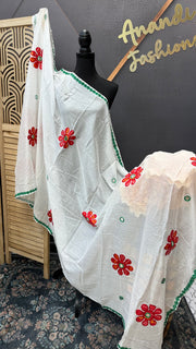 White Pure Khadi Cotton mirror dupatta- Green Border -  - Anandi Fashions