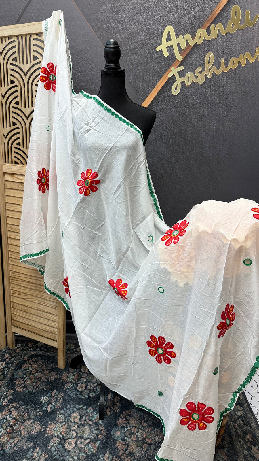 White Pure Khadi Cotton mirror dupatta- Green Border -  - Anandi Fashions