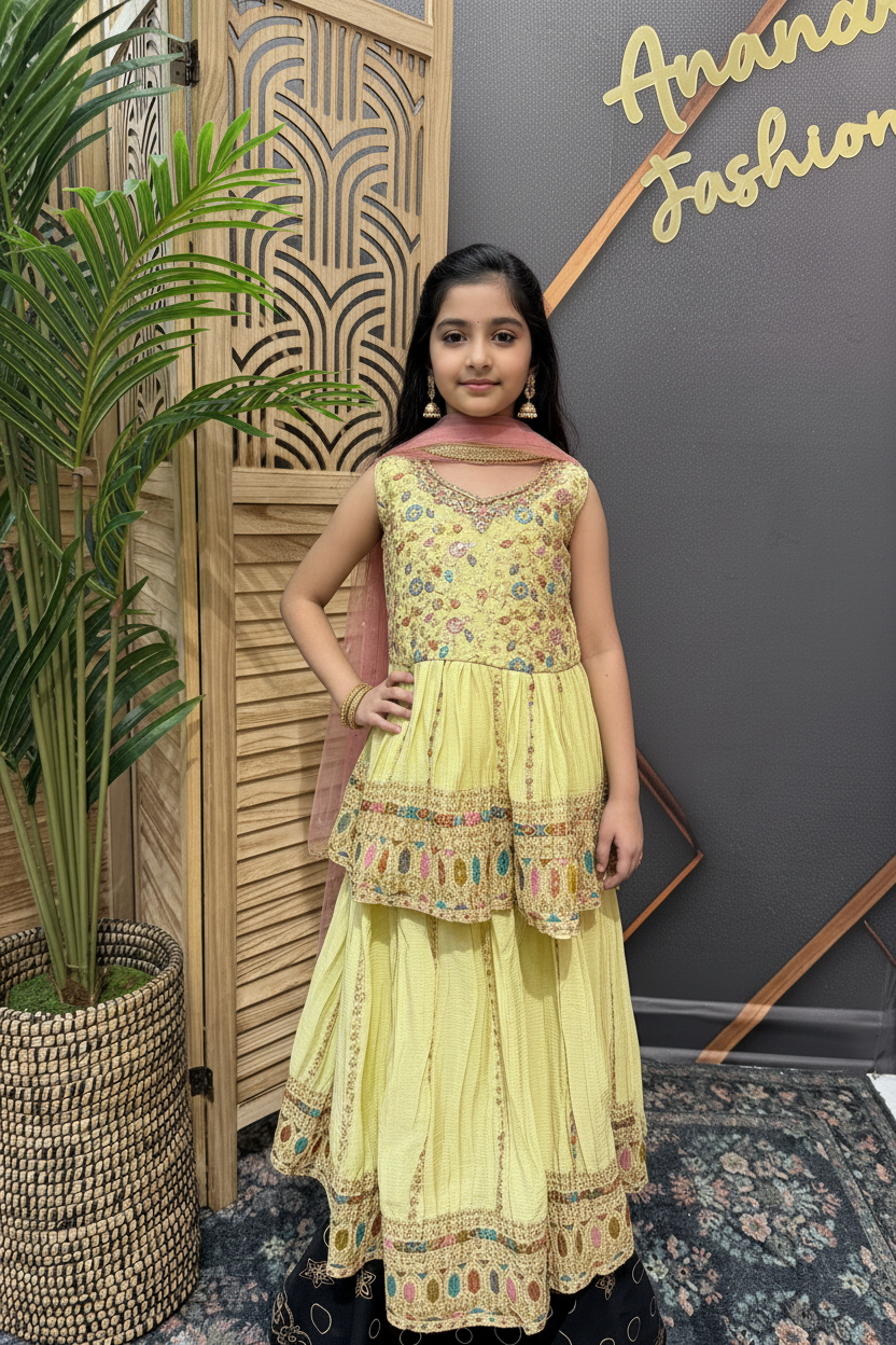 Girls Pastel Green Party Wear Peplum Top Lehenga Set