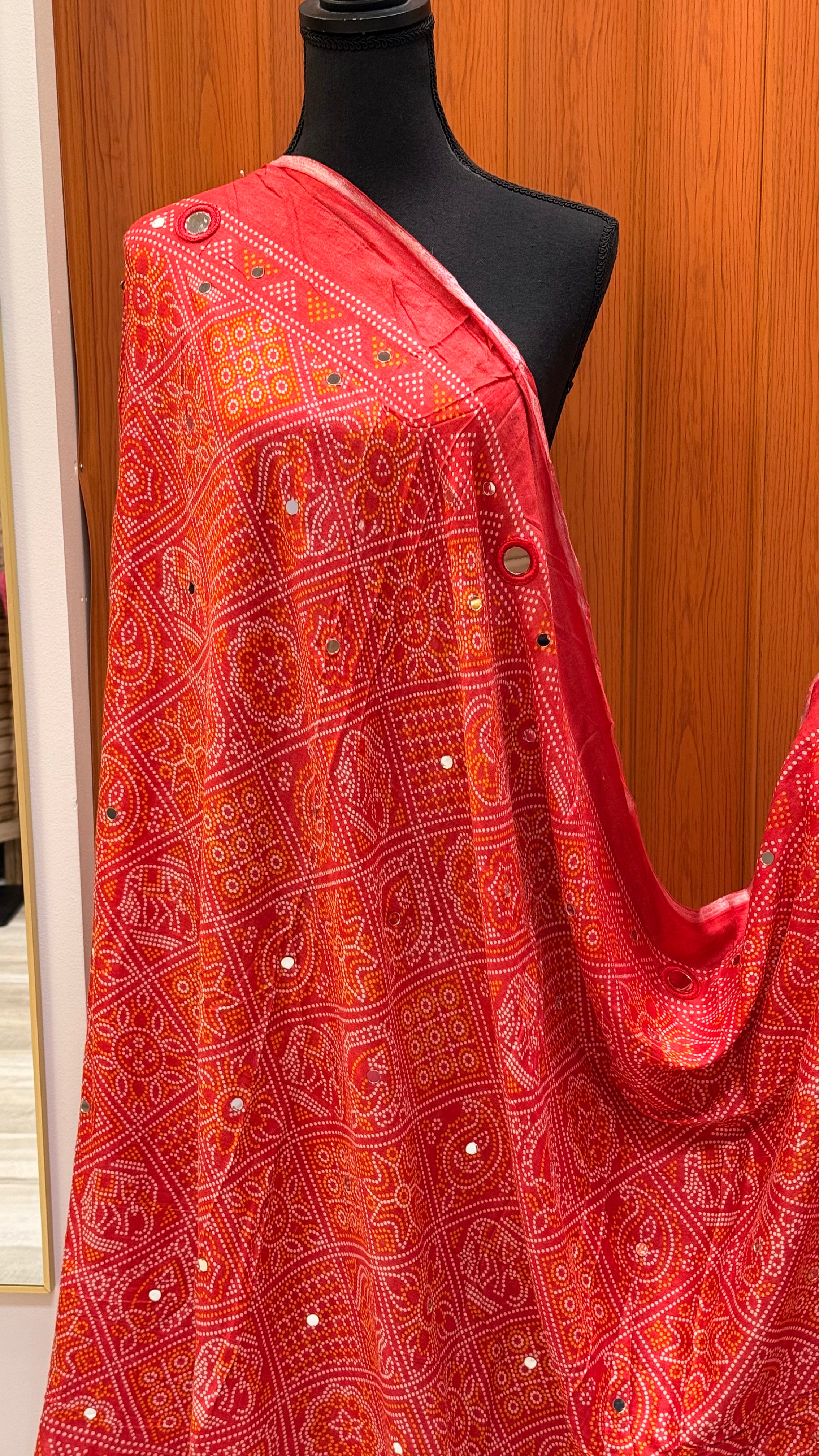 Red Bhandhini Pure Cotton Mirror Dupatta