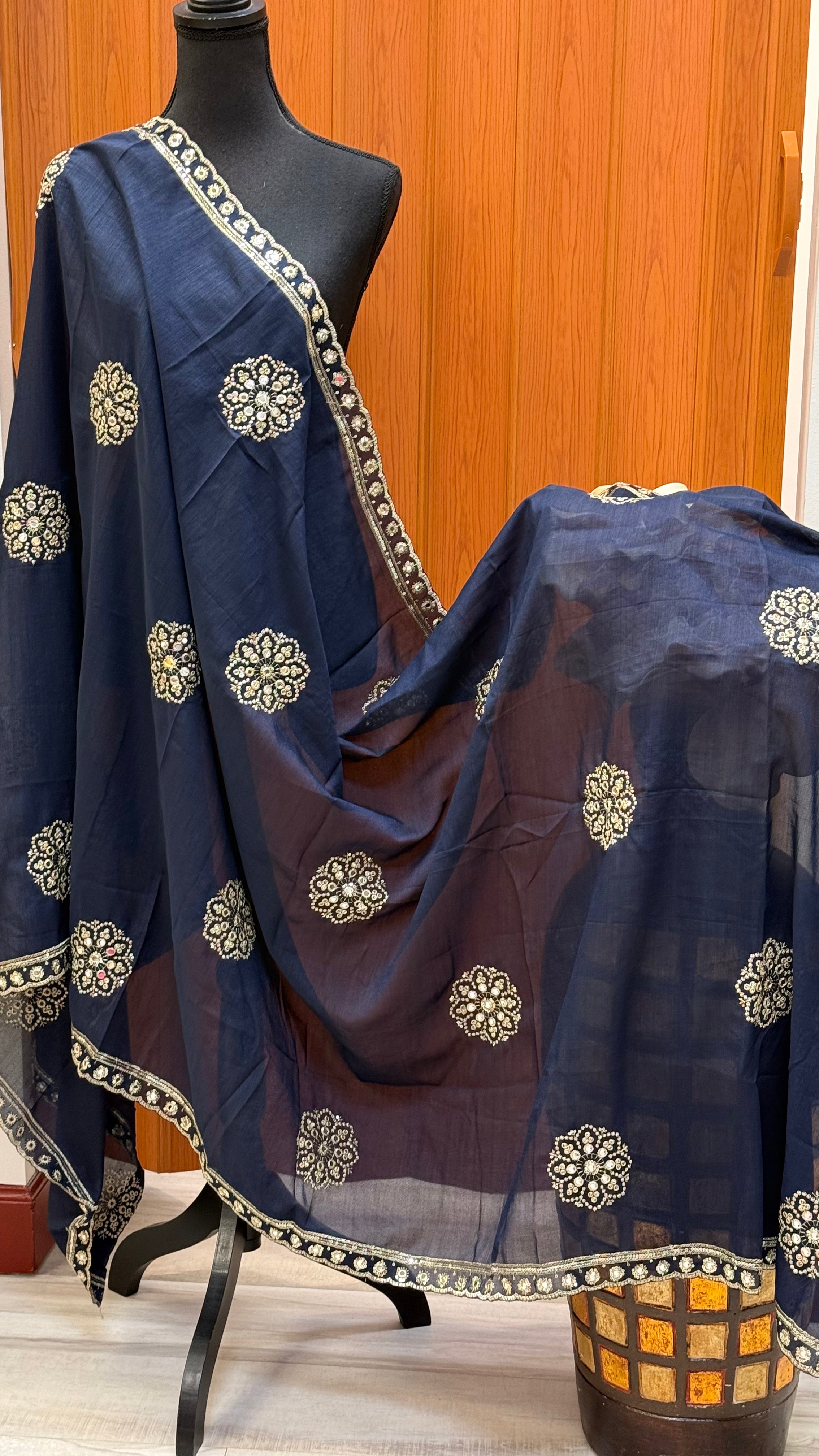 Women's Navy Blue Dupatta with Gold Zari Work - Women - Dupatta - Anandi Fashions