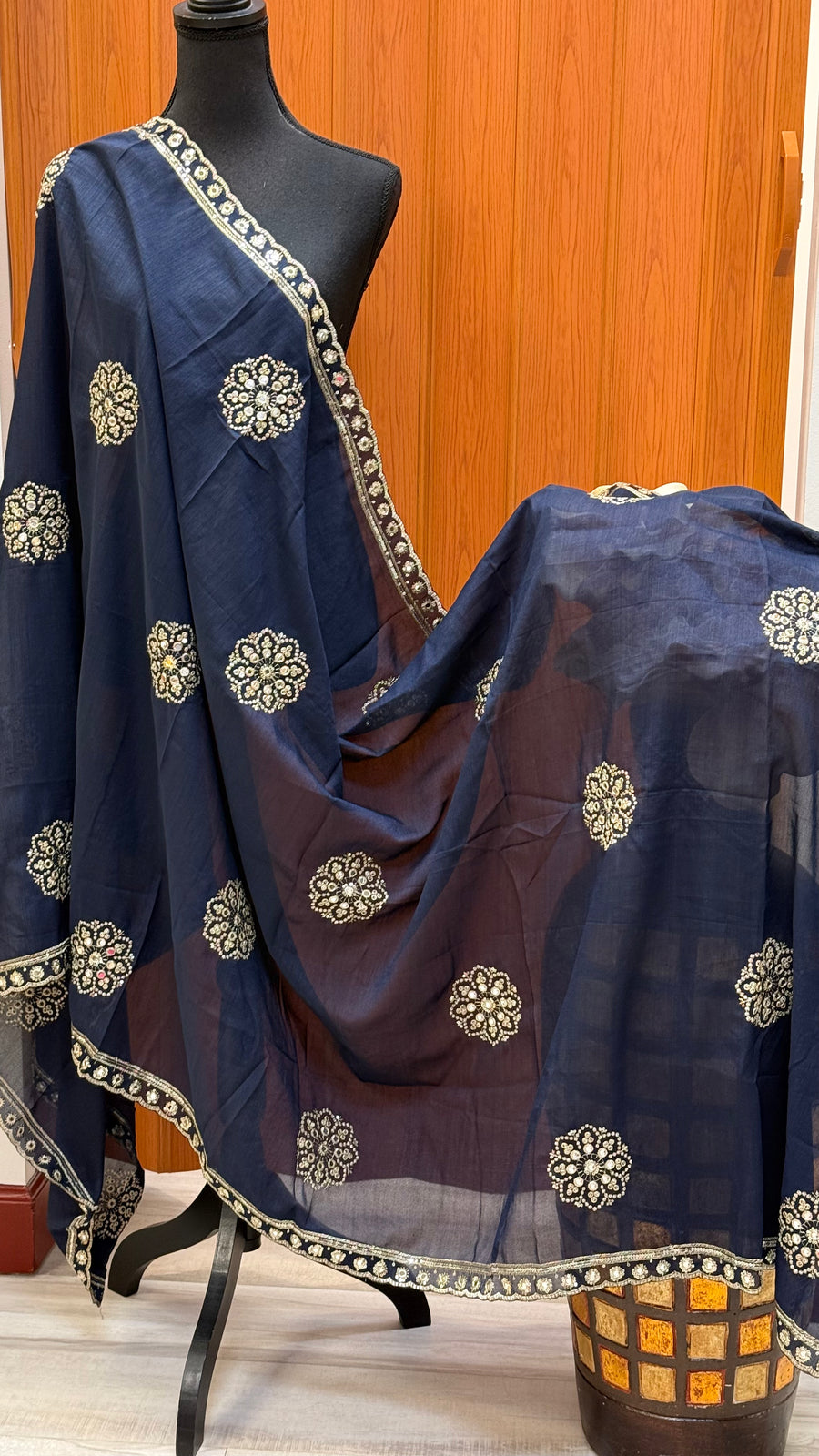 Navy Blue Dupatta with Gold Zari work