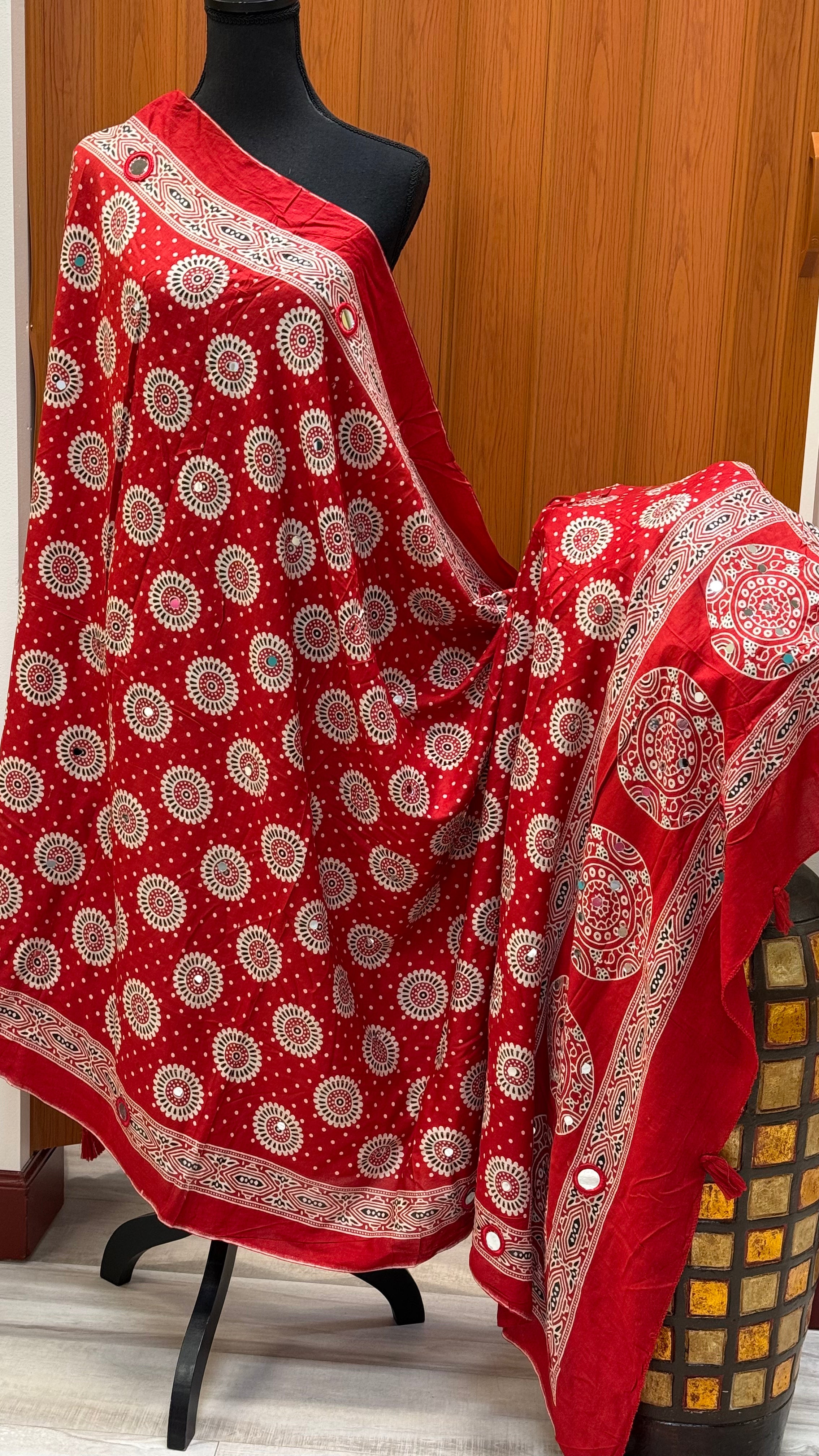 Red Pure Cotton Ajrakh Print Mirror Dupattas