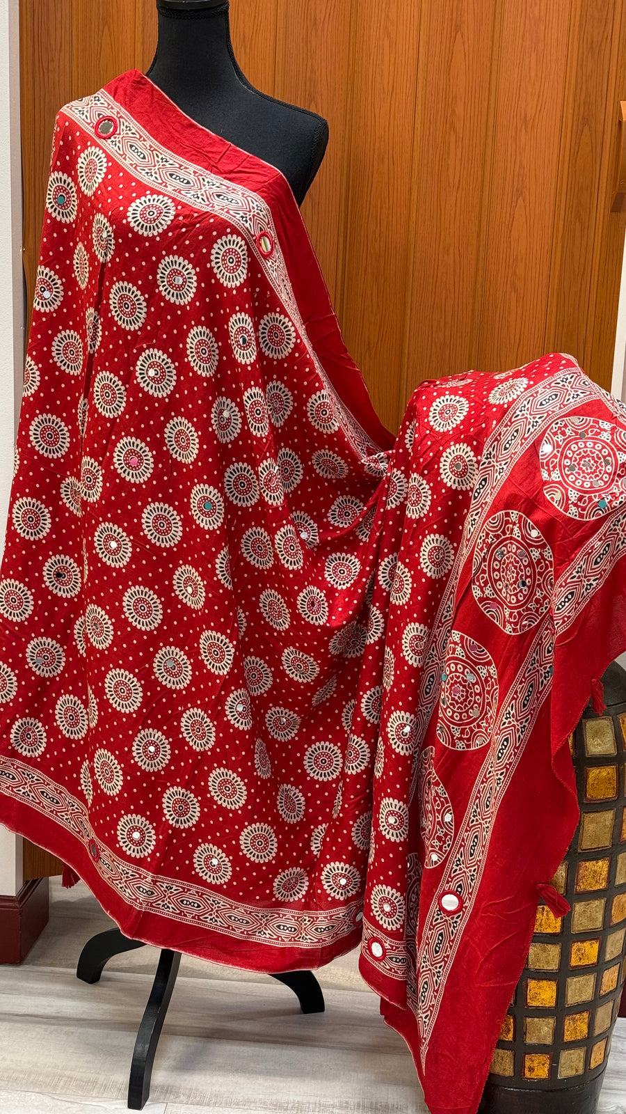 Red Pure Cotton Ajrakh Print Mirror Dupattas