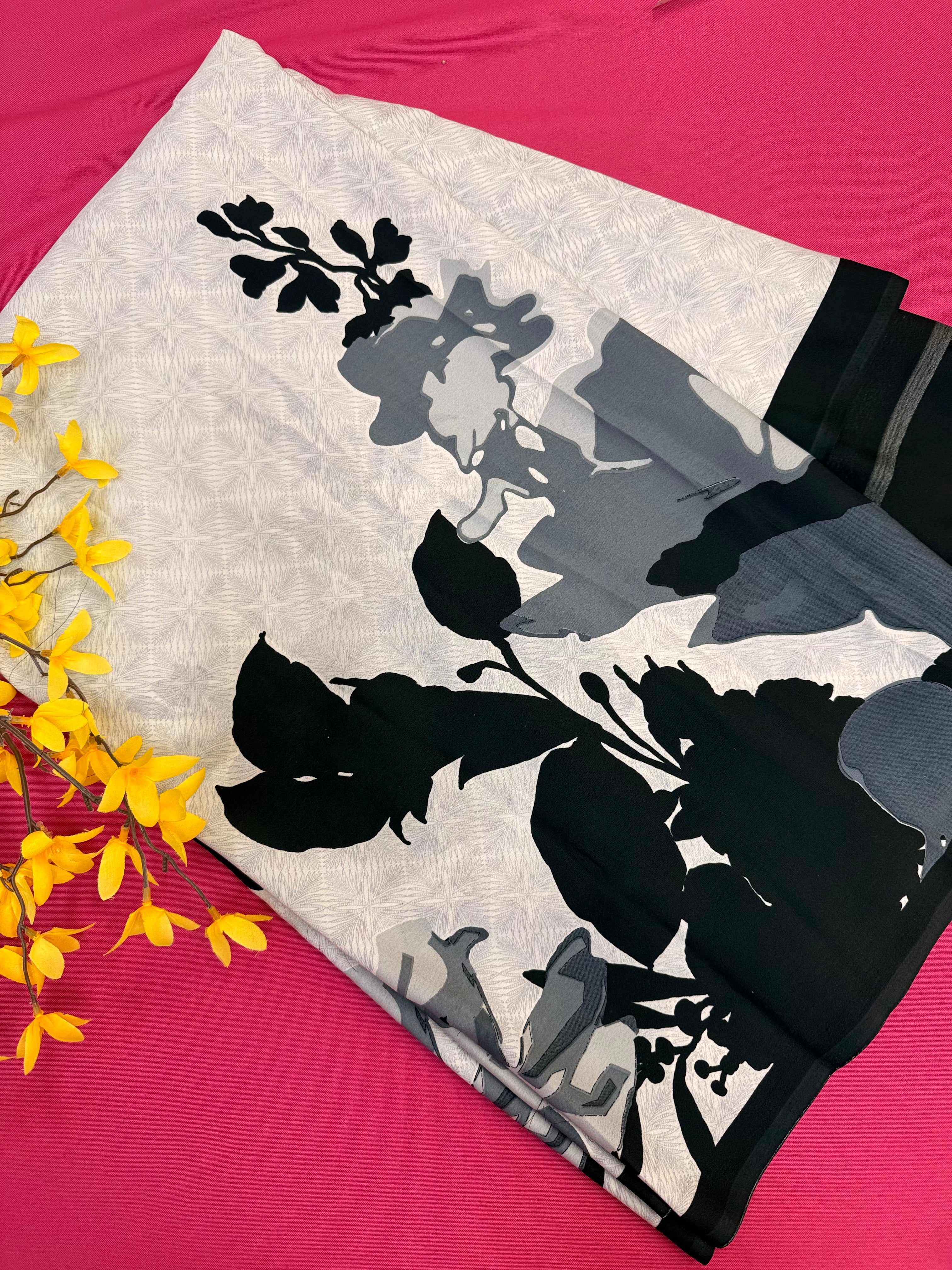 Half White and Black - Satin Silk Saree