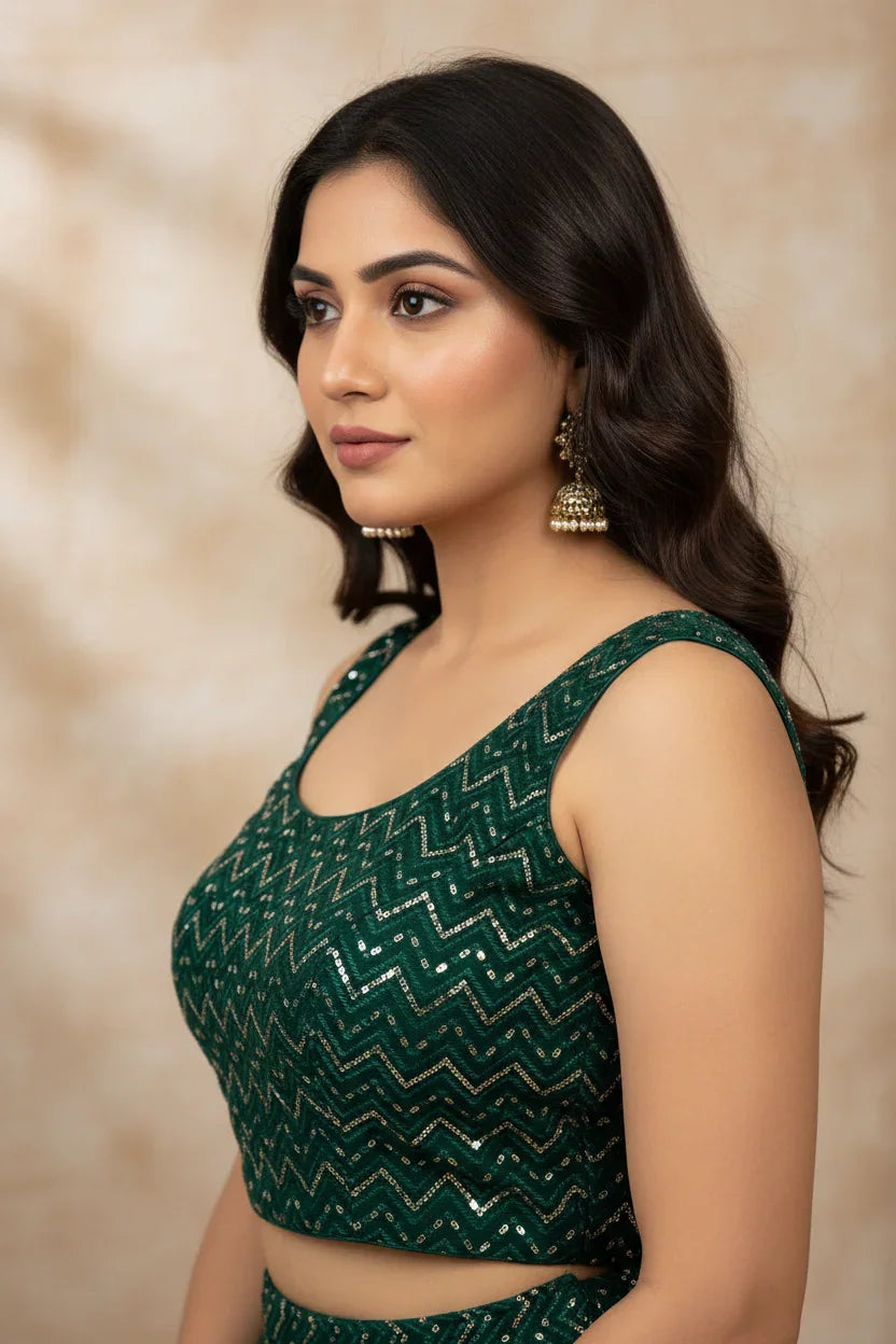 India ethnic wear closeup of woman in green sequined sleeveless blouse with gold jhumka earrings