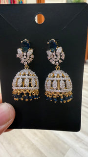 CZ Jhumkas/Earrings - Navy Blue Beads