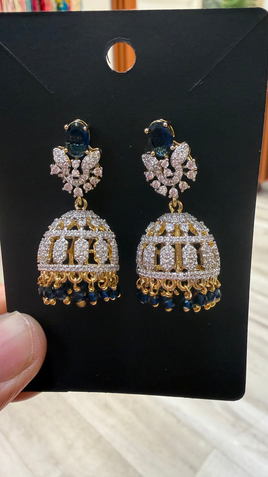 CZ Jhumkas/Earrings - Navy Blue Beads
