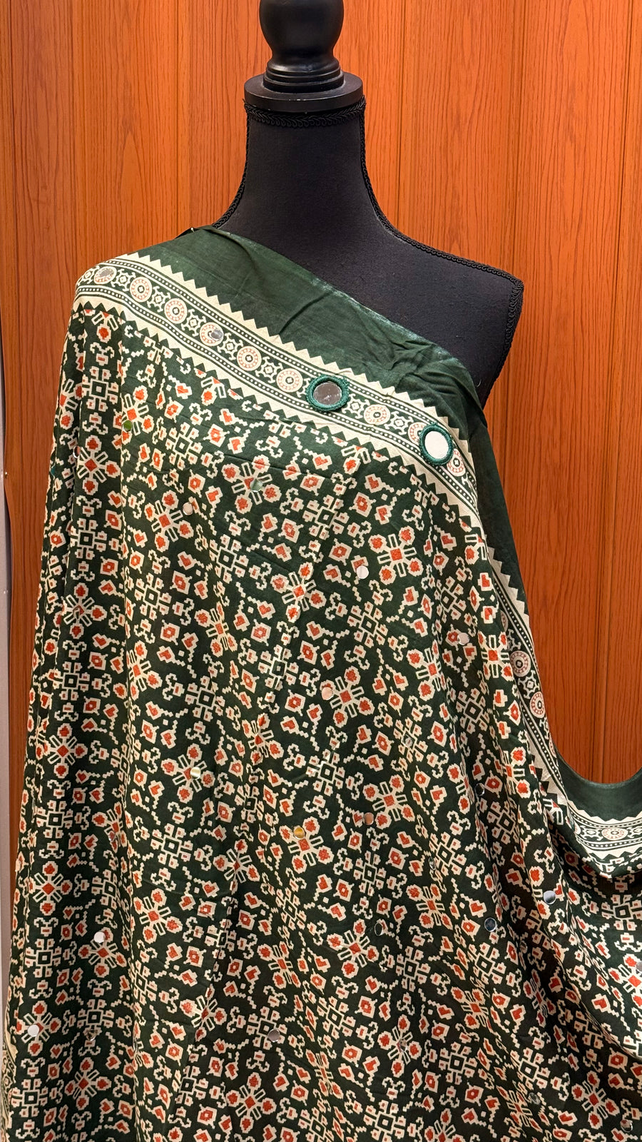 Green Pure Cotton Mirror Dupatta- Orange Print