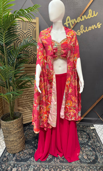Pink Indo Western Sharara Set with Floral Shrug - Party Wear