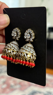 Party Wear CZ Victorian Finish Jhumkas with Coral Beads - Jewelry - Earrings - Anandi Fashions
