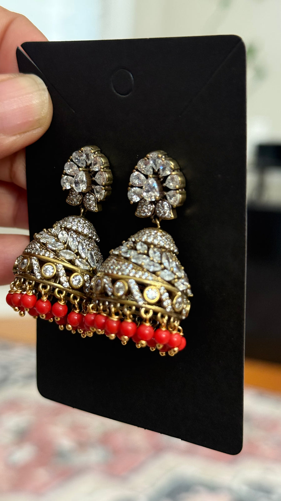 Party Wear CZ Victorian Finish Jhumkas with Coral Beads - Jewelry - Earrings - Anandi Fashions