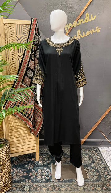 Plus Size - Black Gajji Silk Kurtis set