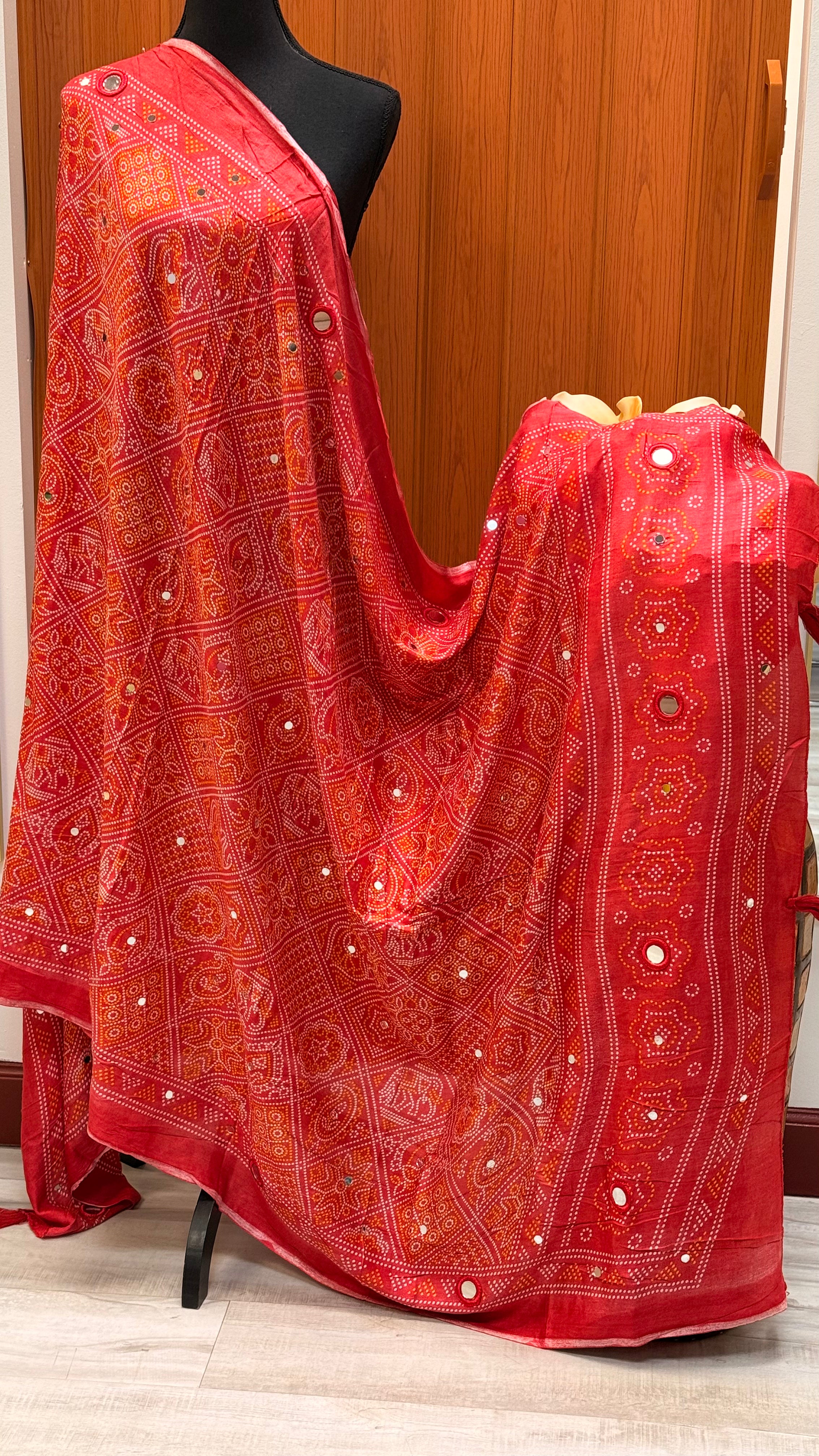Red Bhandhini Pure Cotton Mirror Dupatta