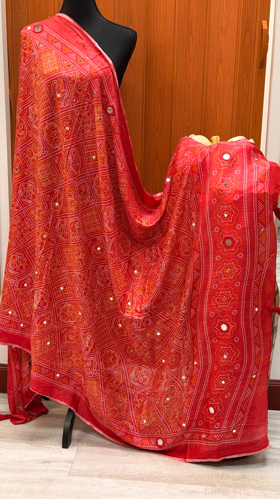Red Bhandhini Pure Cotton Mirror Dupatta
