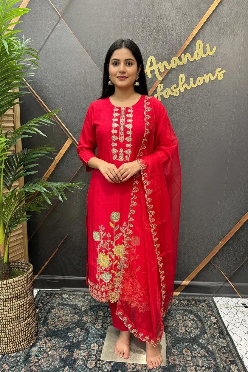 Woman in red embroidered Indian ethnic wear kurta and dupatta standing at Anandi Fashions store display