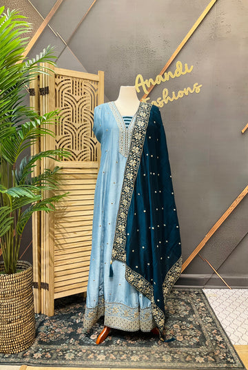 Size 50 - Plus Size Blue Long Anarkali Dress